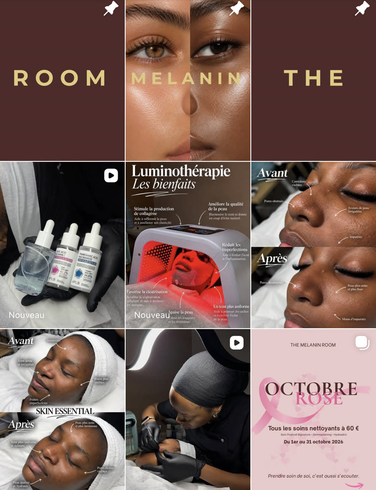 Feed Instagram de The Melanin Room aux couleurs bordeaux et or